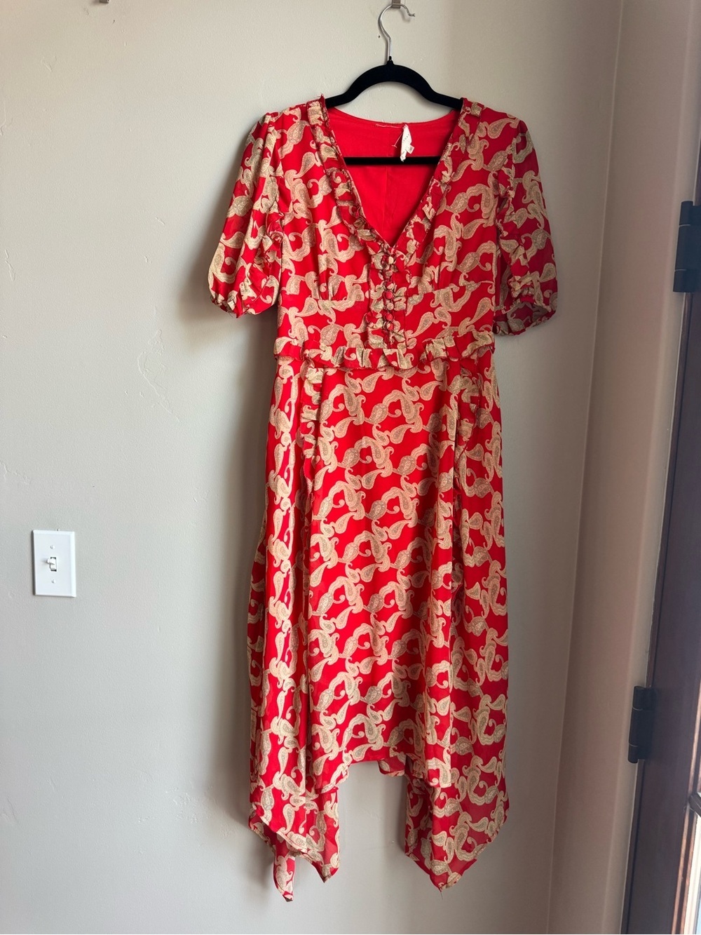 Boho Red Paisley Midi Dress Ruffle Trim Puff Sleeve Flowy Festival L Coquette